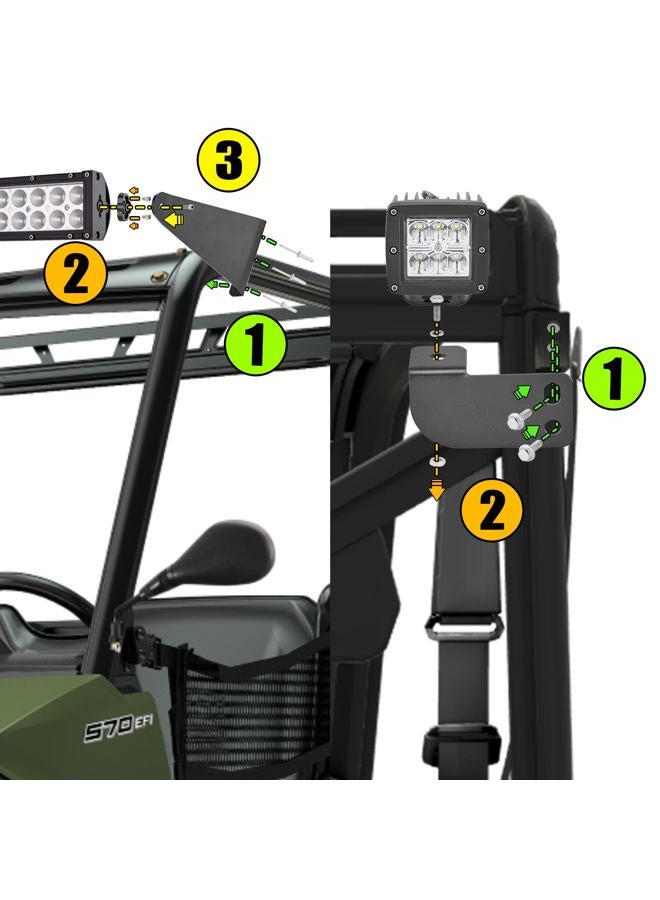 WSays Compatible with Polaris Ranger 570/900/1000 Full Size Upper Roof Pro-fit Cage 50'' 288W LED Curved Light Bar Mount Bracket Kit & Rear Side Pillar 2x3'' 18W Light Pods Mount Bracket w/Wiring Kit - Image 3