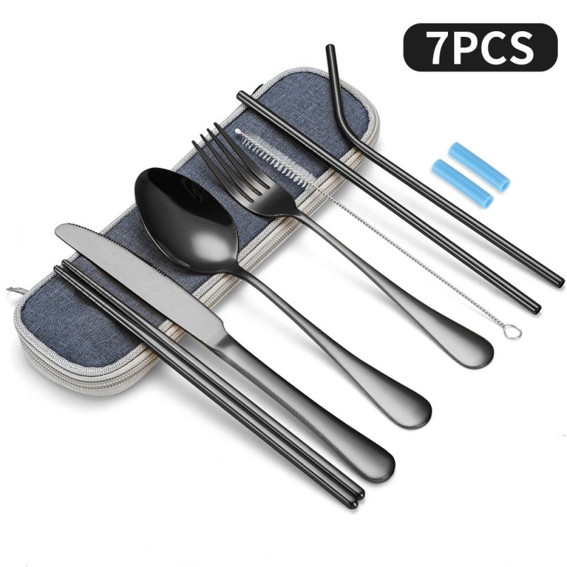 Portable Utensil Set 7-Piece Stainless Steel Cutlery - Durable Long-Lasting Construction Reusable Utensils for Outdoor Travel Work School Picnic On-The-Go Dining - Image 1