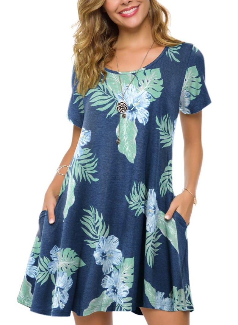 Women's Plus Size Swing Dress with Pockets Casual Summer Dresses scoop neckline  Neck Short Sleeve T Shirt Dress for Women  - Image 2