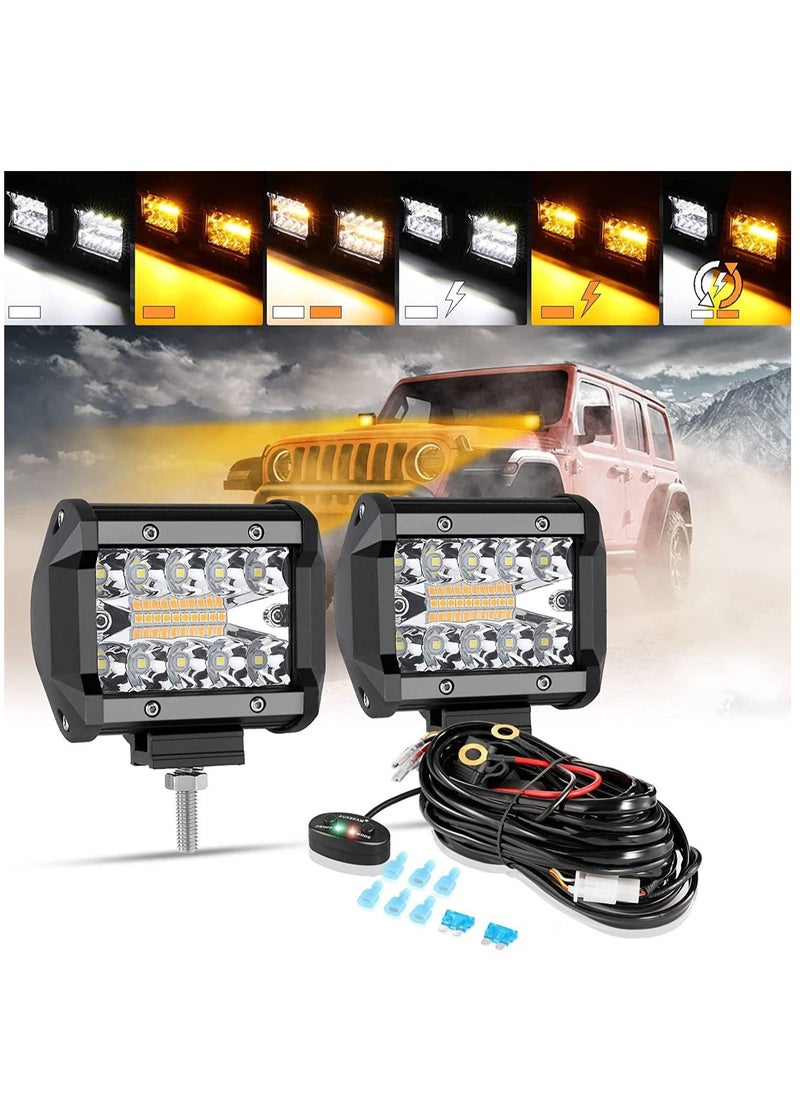 Loquat 2 Pack Amber White LED Light Pod, 6Modes Strobe Fog Light Bar with Wiring Harness, 12000LM Offroad Light Warning Light for Truck Jeep Motorcycle - Image 1
