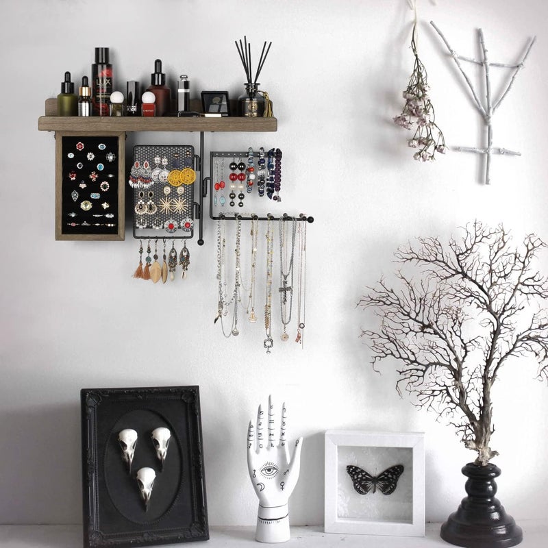 SOLIMINTR Hanging Jewelry Organizer Wall Mount Holder with Rustic Wood Shelf, Ring Display Box, Ear Studs Earring Holder, Rotating Necklace for Gothic Goth Accessories - Image 5