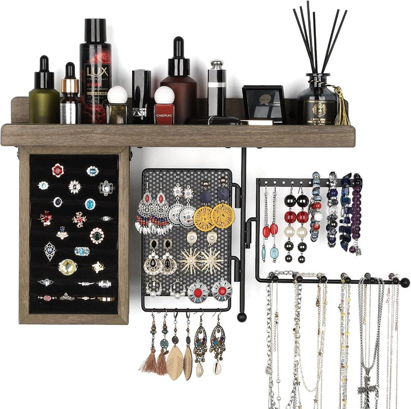 SOLIMINTR Hanging Jewelry Organizer Wall Mount Holder with Rustic Wood Shelf, Ring Display Box, Ear Studs Earring Holder, Rotating Necklace for Gothic Goth Accessories - Image 1