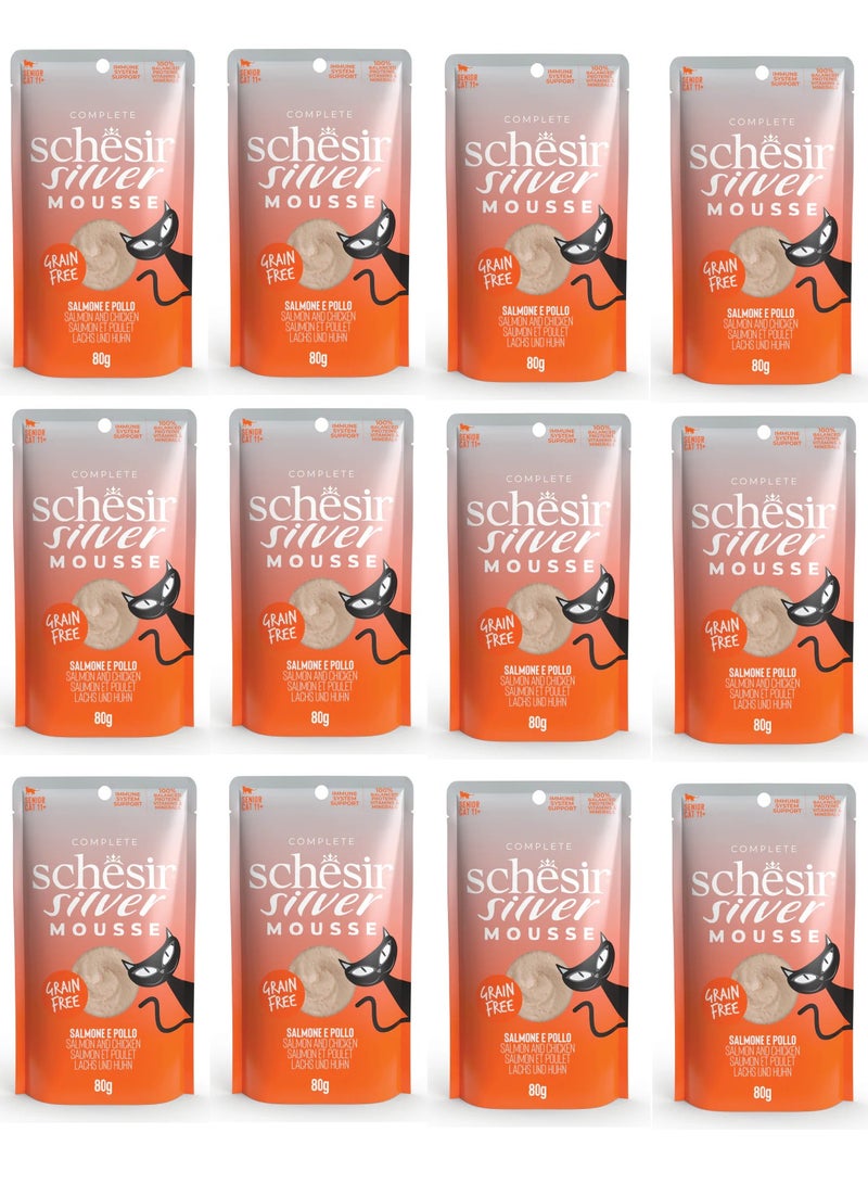 Schesir Set of 12pcs Silver Senior Cat Mousse with Salmon and Chicken Cat Wet Food 80g - Image 1
