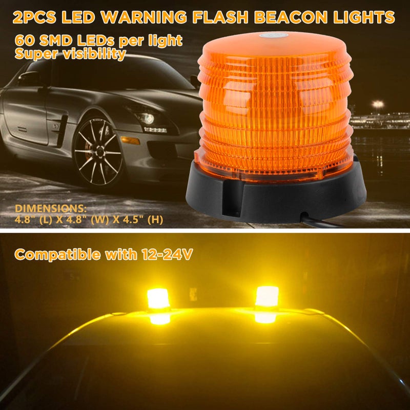 ASPL 2pcs LED Warning Flash Beacon Lights, 60 LED Amber Warning Safety Flashing Strobe Lights with Magnetic and 16 ft Straight Cord for Vehicle Truck Tractor Golf Carts UTV Car Bus,12V-24V - Image 2