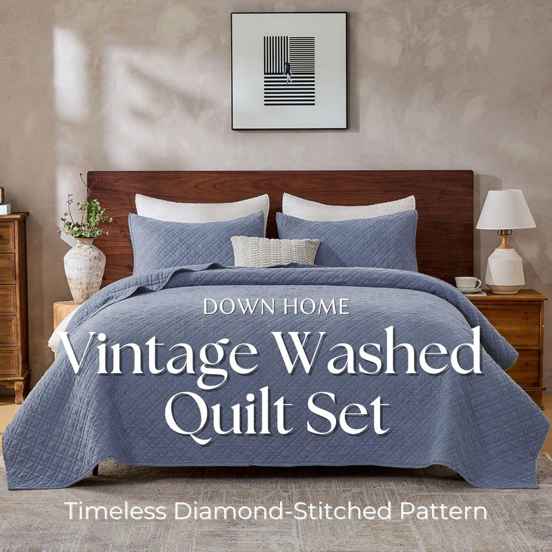 DOWN HOME King Quilt Set with Shams Lightweight Quilted Bedspread Coverlet Thin Comforter Bed Cover Vintage Washed Quilted Blanket for All Season, Brushed Microfiber Diamond Stitching, Blue, 104"x92" - Image 2