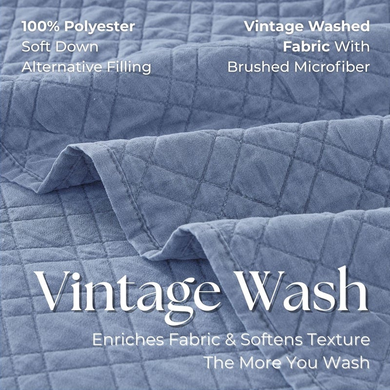 DOWN HOME King Quilt Set with Shams Lightweight Quilted Bedspread Coverlet Thin Comforter Bed Cover Vintage Washed Quilted Blanket for All Season, Brushed Microfiber Diamond Stitching, Blue, 104"x92" - Image 4