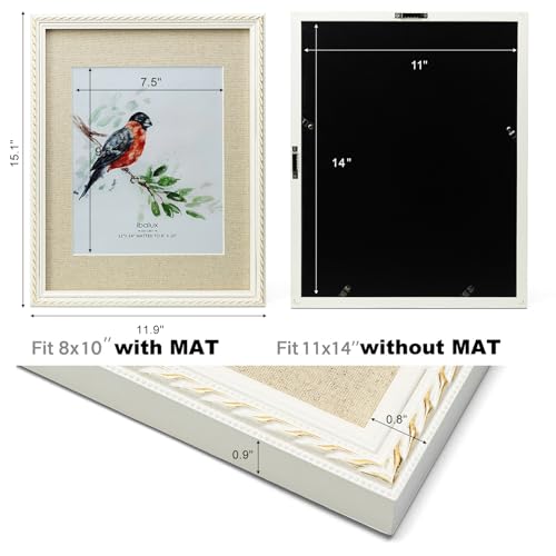 ibalux 11x14 Picture Frame Pine Wood with Real Glass, Gold-Toned Synthetic Rope Edging, Linen Matted to 8x10, Vertical and Horizontal for Wall Hanging, White - Image 3