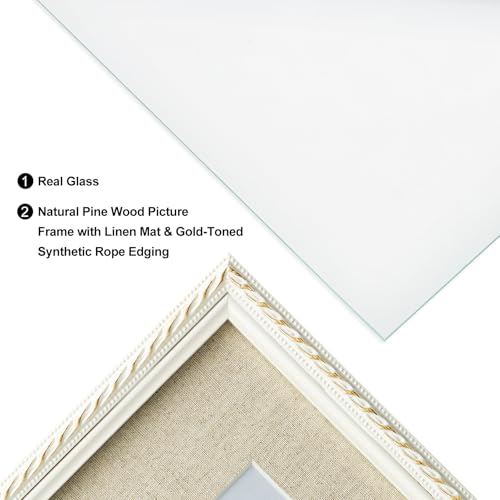 ibalux 11x14 Picture Frame Pine Wood with Real Glass, Gold-Toned Synthetic Rope Edging, Linen Matted to 8x10, Vertical and Horizontal for Wall Hanging, White - Image 4