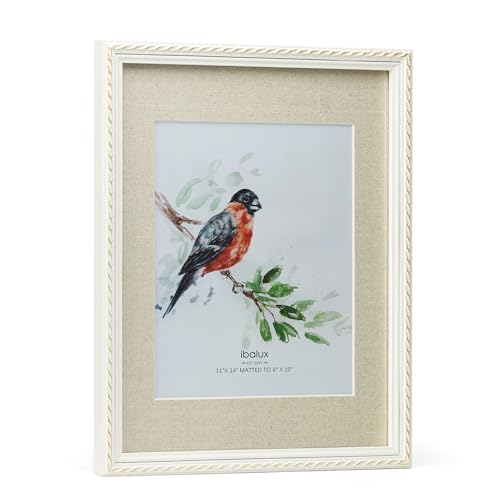 ibalux 11x14 Picture Frame Pine Wood with Real Glass, Gold-Toned Synthetic Rope Edging, Linen Matted to 8x10, Vertical and Horizontal for Wall Hanging, White - Image 2