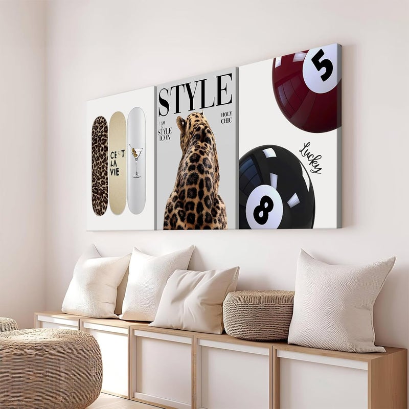 Youillne Trendy Cheetah Wall Decor Prints Preppy Leopard Wall Art Aesthetic Skateboard Canvas Poster Lucky 8 Ball Pictures Retro Fashion Painting for Bedroom Girl Room 16x24 Inch Framed Set of 3 - Image 5