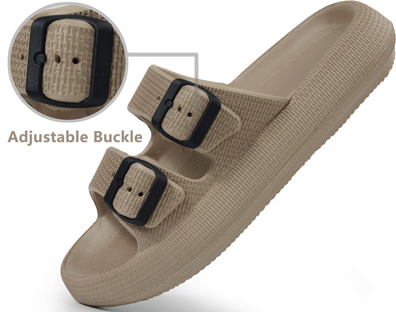 BenSorts Pillow Slippers for Women and Men Cute Rubber Sandal Adjustable Buckles Soft Slides Shower Spa Bath House Slippers Indoor Outdoor Khaki Men Size 8.5 9 9.5 Women Size 9.5 10 10.5 - Image 3