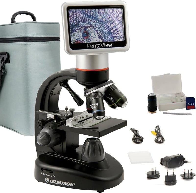 سلسترون مجهر رقمي LCD Celestron PentaView – مجهر بيولوجي مزود بكاميرا رقمية 5MP مدمجة، مرحلة ميكانيكية قابلة للتعديل، حقيبة حمل وبطاقة ذاكرة Micro SD سعة 4GB - Image 1