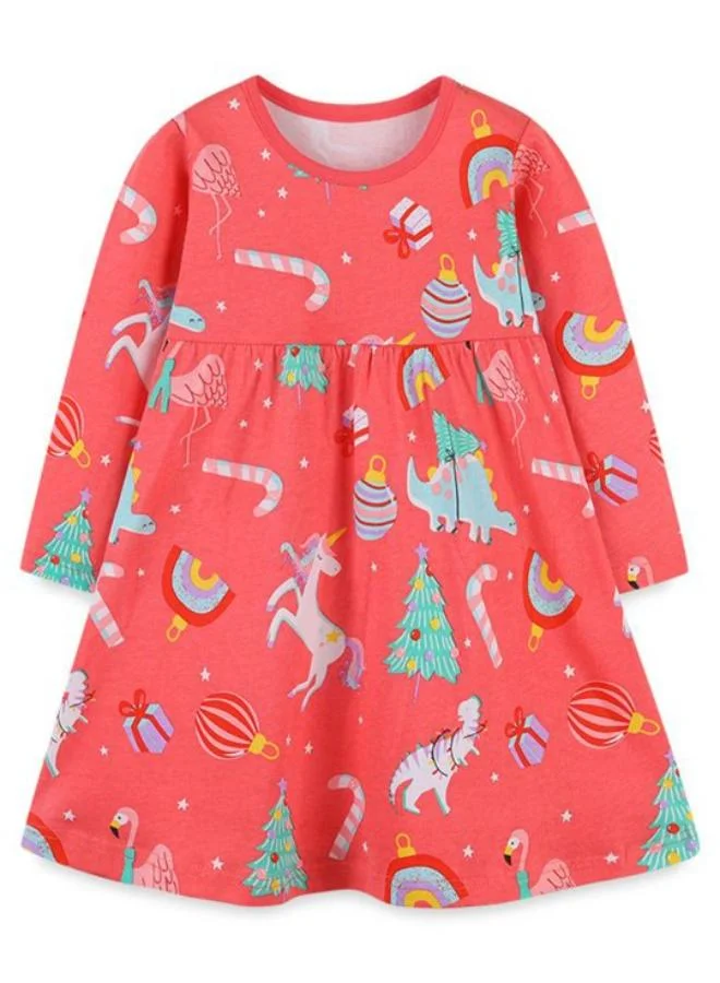 يونيكي Pink A-Line Crew Neck Printed Dress