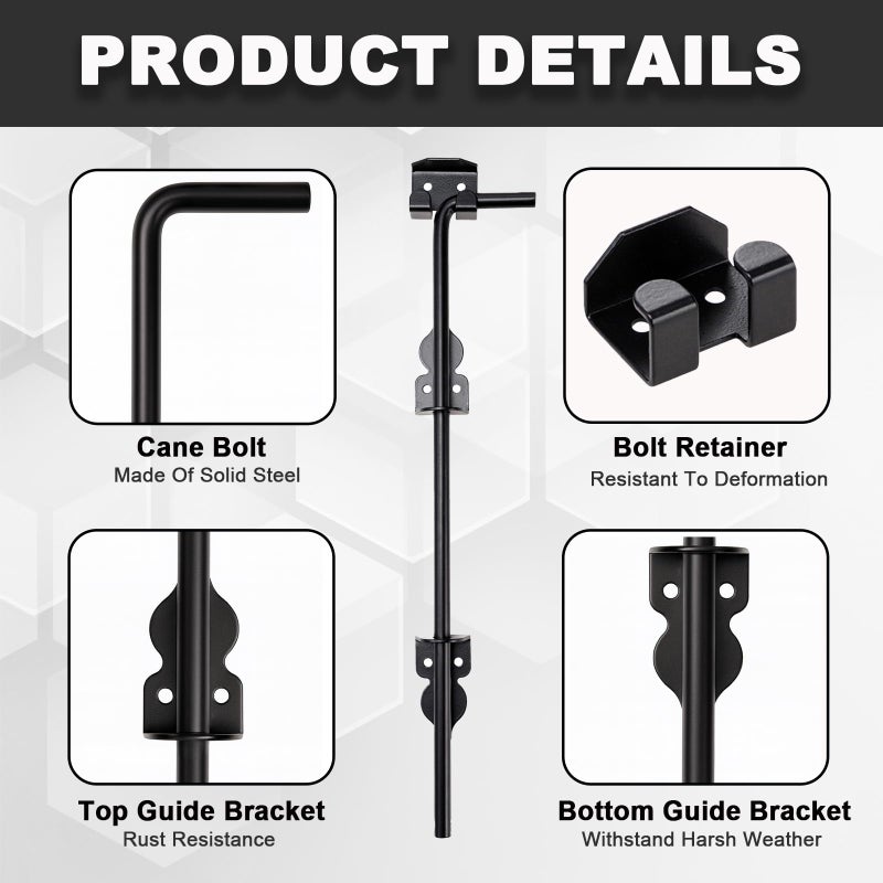SHANDERBAR 2 Pack 18" Heavy Duty Cane Bolt Gate Drop Rod Stopper Hardware,Wrought Iron Gate Ground Latches for Wood Metal Vinyl Fences Double Doors,Drop Pin Lock for Holding Gates to The Ground, Black Finish - Image 3
