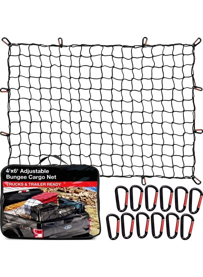 HOMESTAR Cargo Net for Pickup Truck Bed (4' x 6' Stretches to 8' x 12') Heavy Duty Pickup Truck Bed Accessories - 12 Metal Carabiners, Bungee Mesh Accessory with Strap Hooks for SUV, Trailer Tarp - Image 1