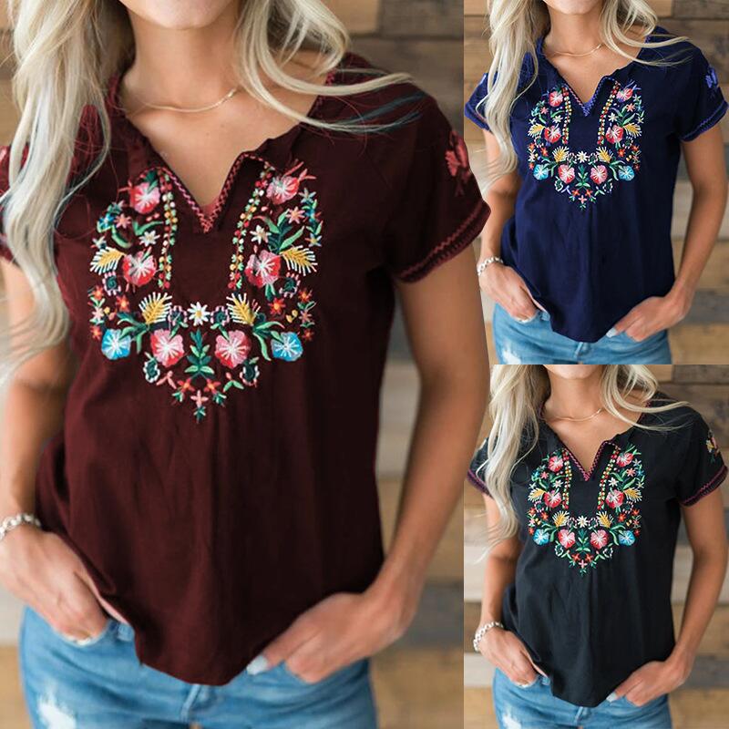 Spot 2022 summer foreign trade hot selling European and American style spring and summer women's retro printing short-sleeved T-shirt black L - Image 2