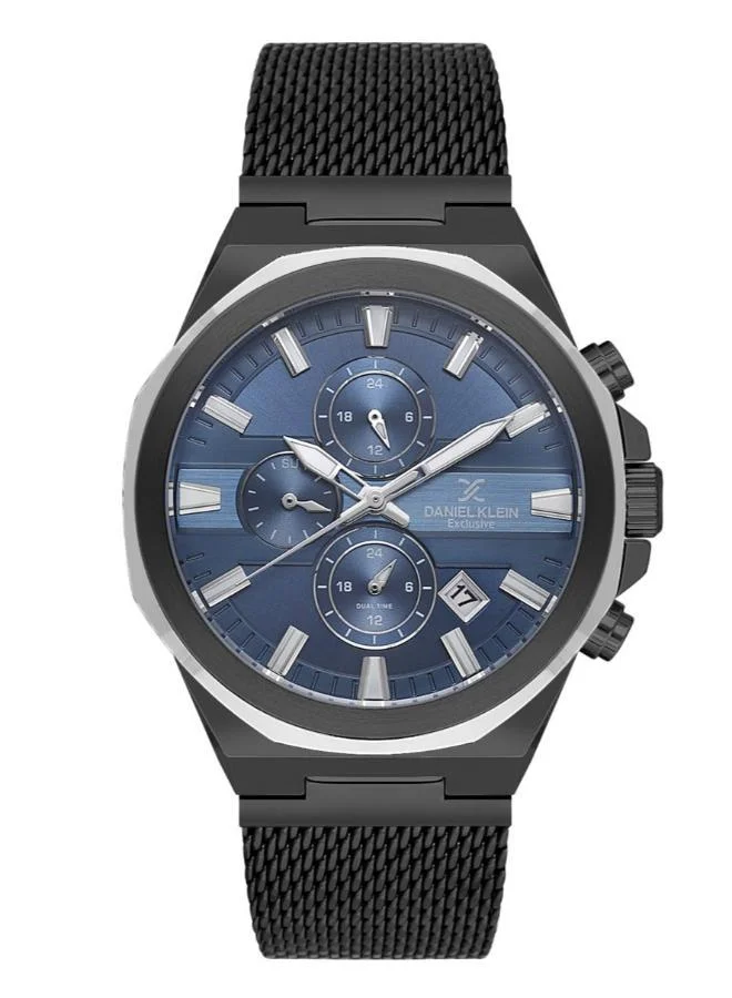 DANIEL KLEIN Men's Mesh Band Black and Silver Alloy Case Analog Blue Round Double Layer Dial Japanese Quartz Exclusive 50 Meters Water Resistant