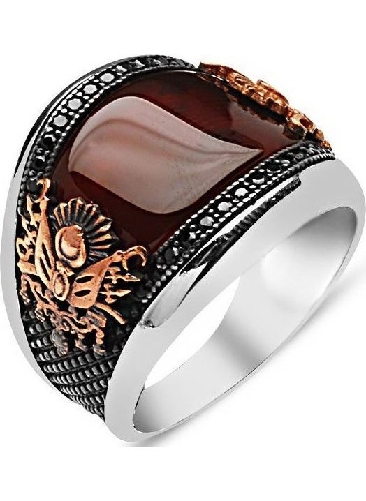 Takı Dükkanı Jewelry Shop Red Agate Stone Men's Silver Ring Ottoman Coat of Arms Ring TSR66 