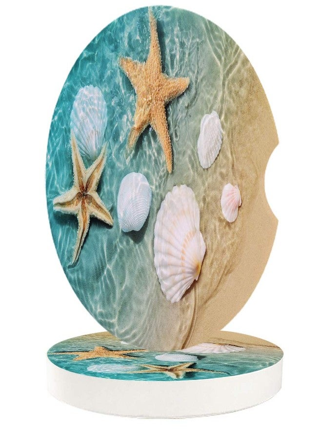 Litter Star Absorbent Car Coasters for Cup Holders Fresh Beach Sand Starfish Shell, Small 2.56inch Ceramic Stone Drink Coaster for Women Men, Natural Coastal Set of 2 Pack - Image 1
