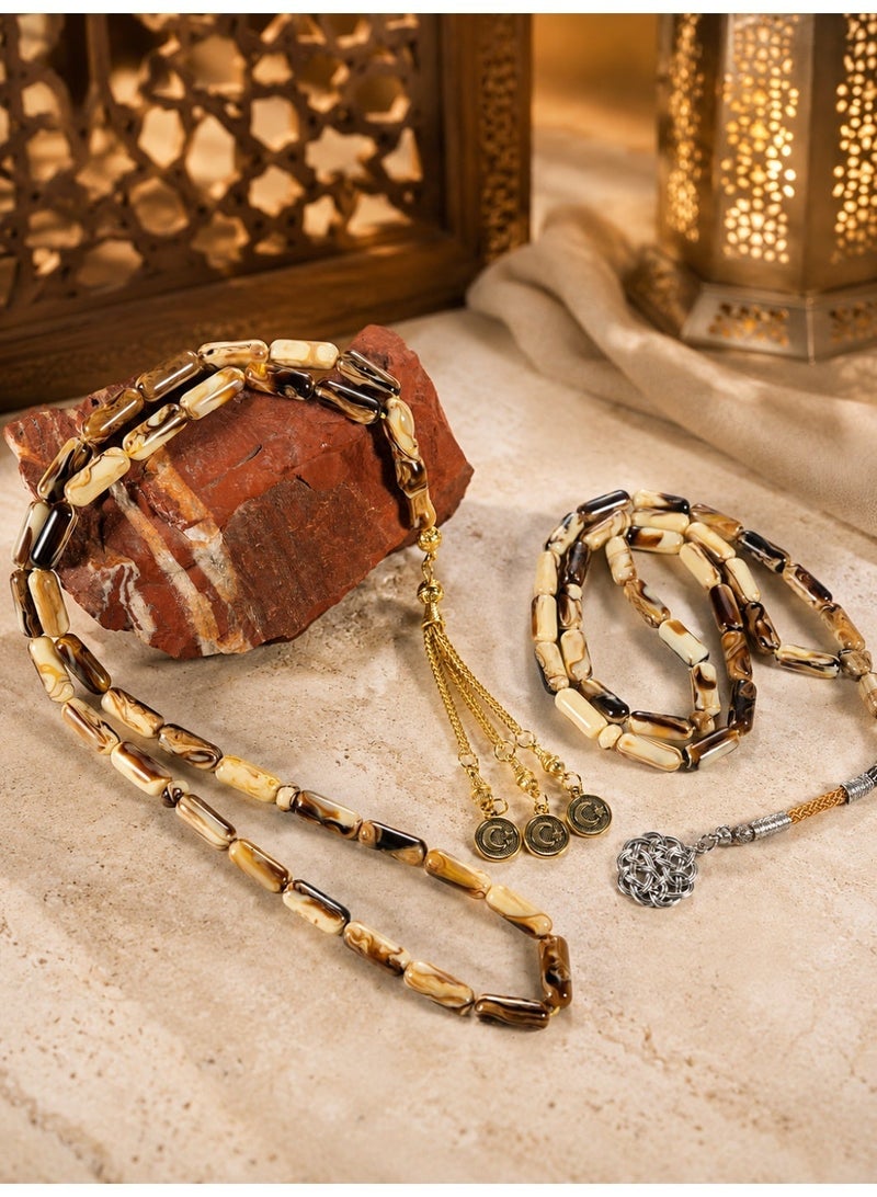 TranquilBeads 2 PCS Amber Style Tasbih Set 33 Beads 15mm, Vintage Resin Prayer Beads for Men, Handmade Misbaha Set with Gold & Silver Tassels, Elegant Ramadan Eid Gift - Image 1