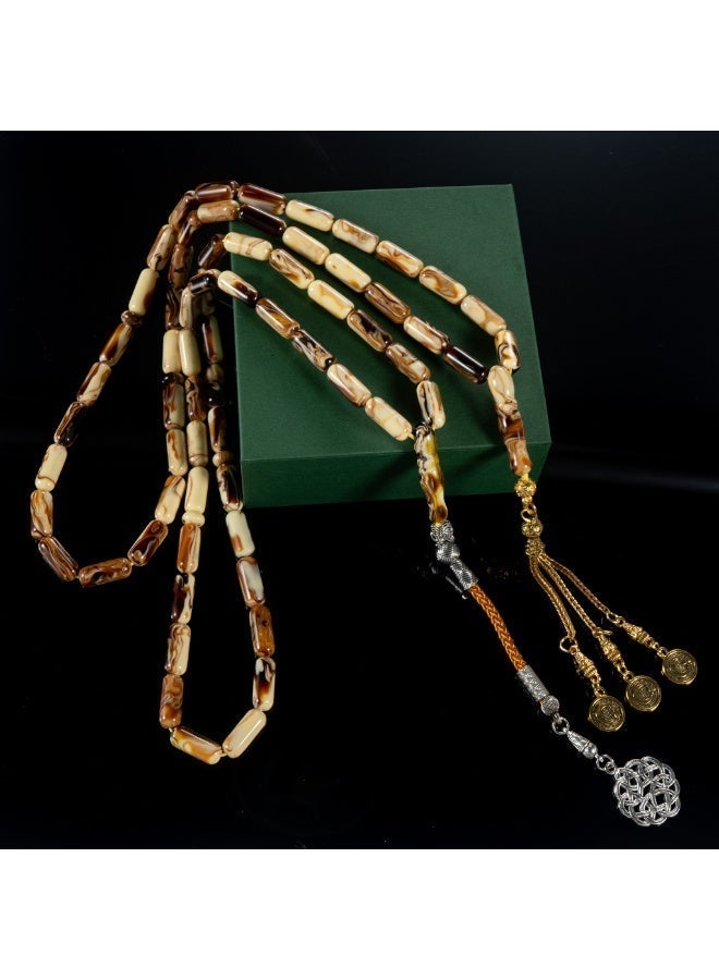 TranquilBeads 2 PCS Amber Style Tasbih Set 33 Beads 15mm, Vintage Resin Prayer Beads for Men, Handmade Misbaha Set with Gold & Silver Tassels, Elegant Ramadan Eid Gift - Image 4
