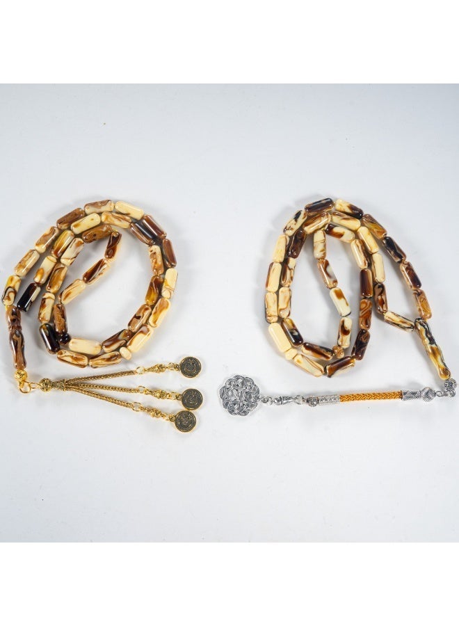 TranquilBeads 2 PCS Amber Style Tasbih Set 33 Beads 15mm, Vintage Resin Prayer Beads for Men, Handmade Misbaha Set with Gold & Silver Tassels, Elegant Ramadan Eid Gift - Image 2