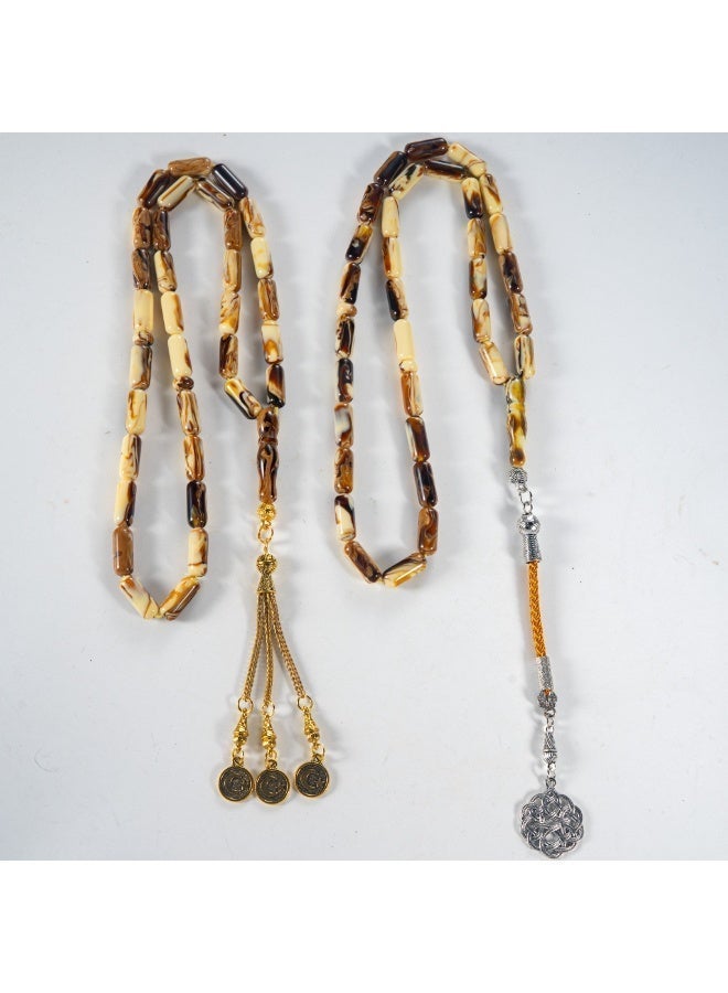 TranquilBeads 2 PCS Amber Style Tasbih Set 33 Beads 15mm, Vintage Resin Prayer Beads for Men, Handmade Misbaha Set with Gold & Silver Tassels, Elegant Ramadan Eid Gift - Image 2