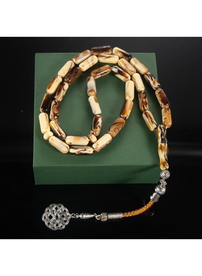 TranquilBeads 2 PCS Amber Style Tasbih Set 33 Beads 15mm, Vintage Resin Prayer Beads for Men, Handmade Misbaha Set with Gold & Silver Tassels, Elegant Ramadan Eid Gift - Image 5
