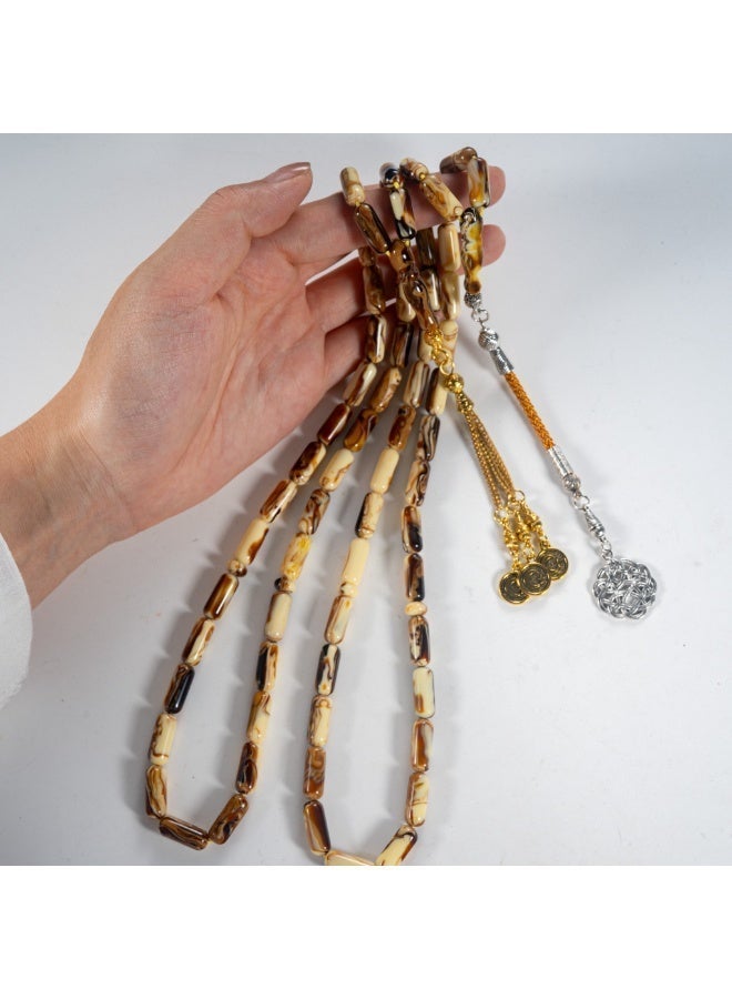 TranquilBeads 2 PCS Amber Style Tasbih Set 33 Beads 15mm, Vintage Resin Prayer Beads for Men, Handmade Misbaha Set with Gold & Silver Tassels, Elegant Ramadan Eid Gift - Image 3