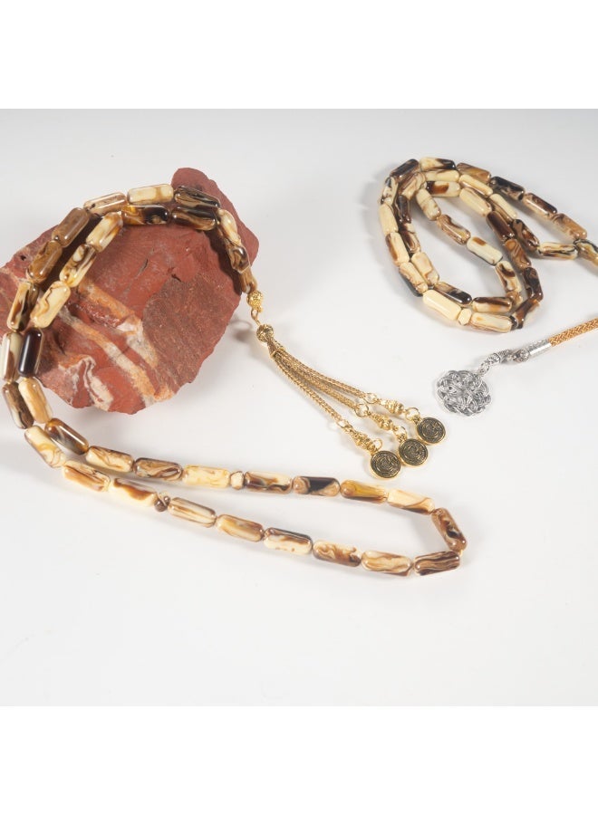 TranquilBeads 2 PCS Amber Style Tasbih Set 33 Beads 15mm, Vintage Resin Prayer Beads for Men, Handmade Misbaha Set with Gold & Silver Tassels, Elegant Ramadan Eid Gift - Image 3