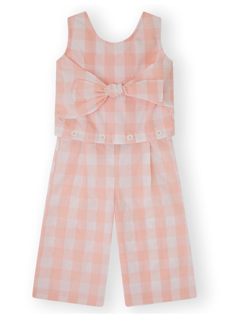 CANADA HOUSE Versatile and Stylish Pink Sleeveless Cotton Jumpsuit for Girls Featuring Cute Bow Detail and Vichy Print  - Image 2