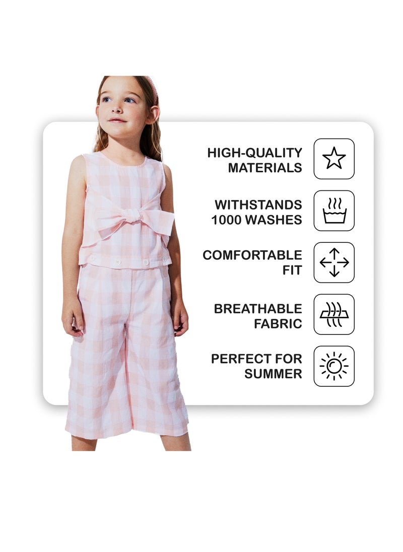 CANADA HOUSE Versatile and Stylish Pink Sleeveless Cotton Jumpsuit for Girls Featuring Cute Bow Detail and Vichy Print  - Image 4