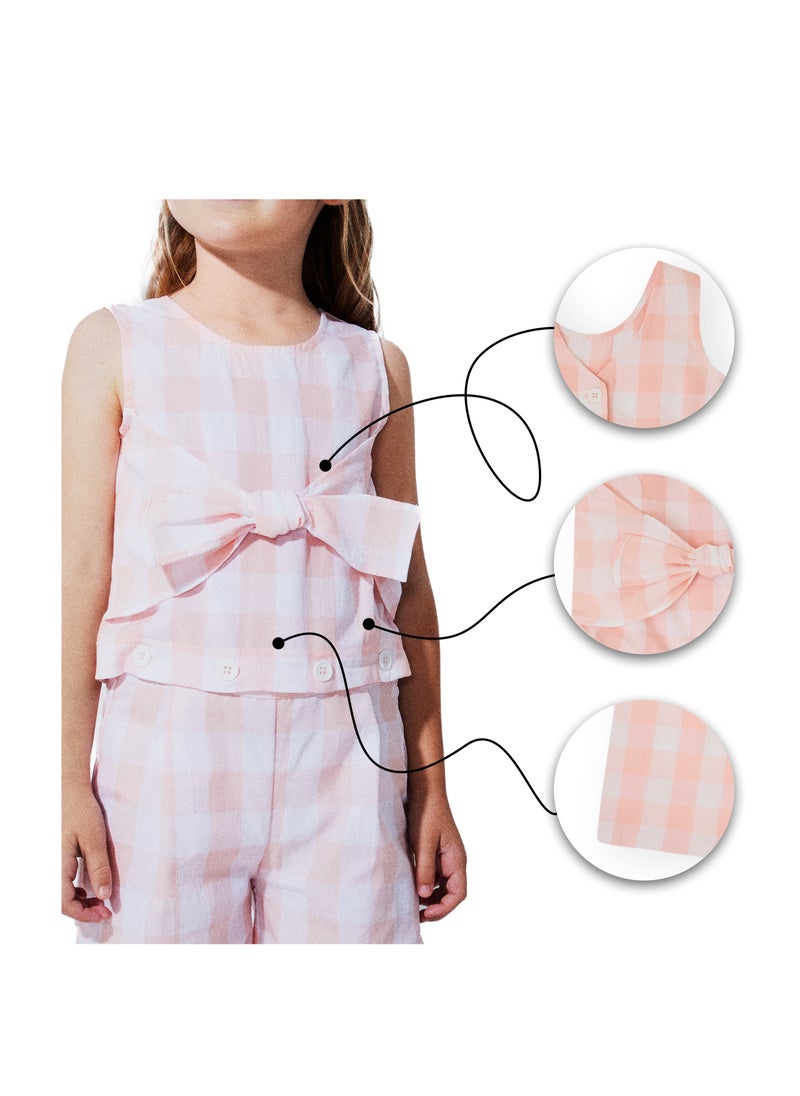 CANADA HOUSE Versatile and Stylish Pink Sleeveless Cotton Jumpsuit for Girls Featuring Cute Bow Detail and Vichy Print  - Image 5