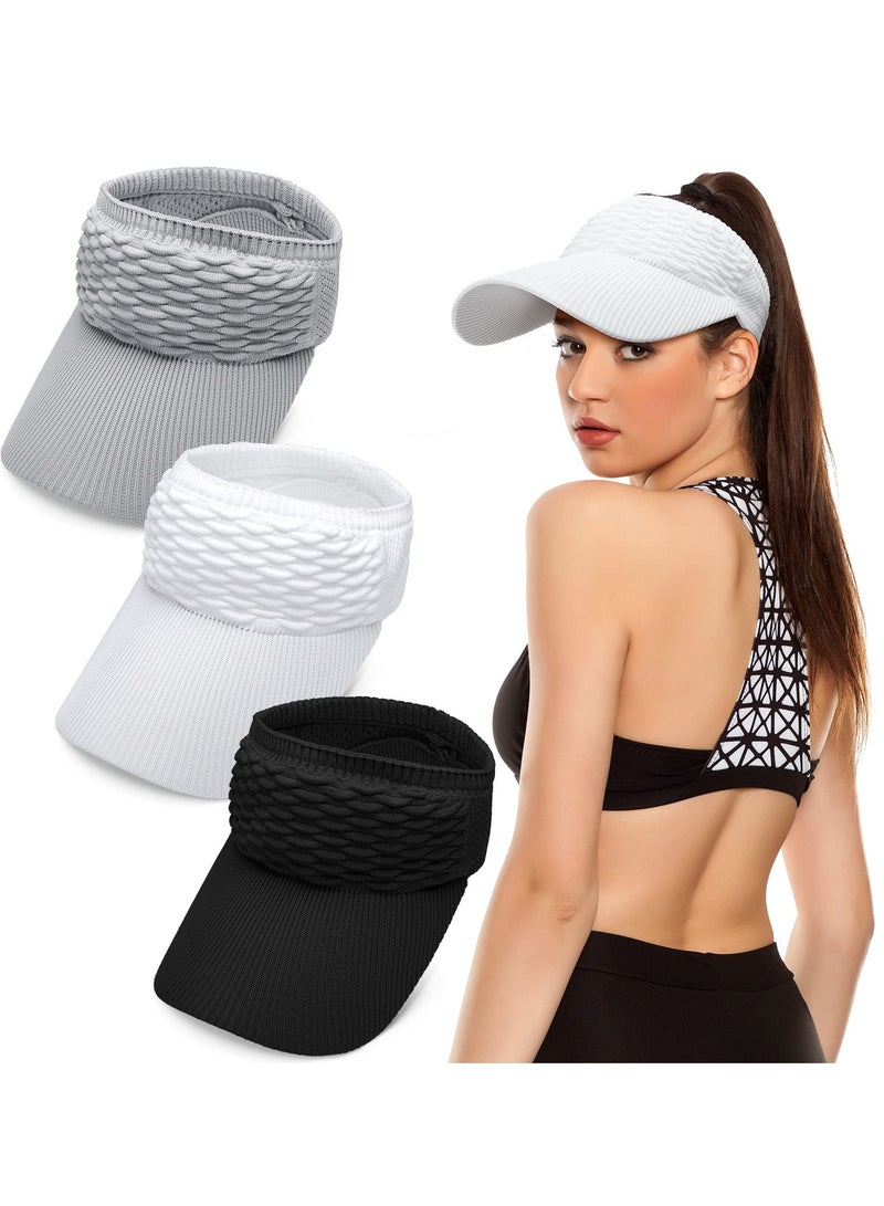 SYOSI SYOSI 3 Pcs Women Sun Visor Hat, Knitted Elastic Sports Hat for Women Summer UV Protection Sun Visor Hat Empty Top Quick-drying Golf Hat (Black, White, Gray)  - Image 1