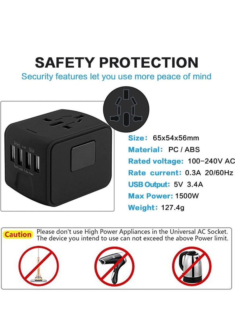 International Travel Adapter Universal Power Adapter Worldwide All in One 4 USB with Electrical Plug Perfect for European US, EU, UK, AU 160 Countries (Black) - Image 4