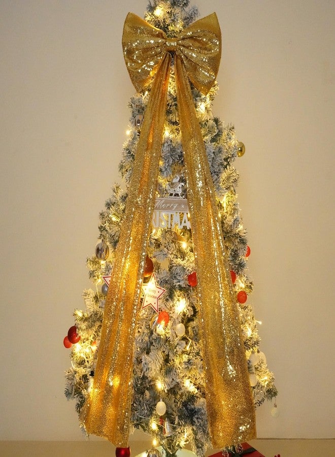 PartyDelight Christmas Tree Topper Bow Decor Gold Sequin Large Bow 16x47 Inchs Ribbon Tie for Xmas Birthday Party Room Decorations Coquette Backdrop Wall Decors - Image 1