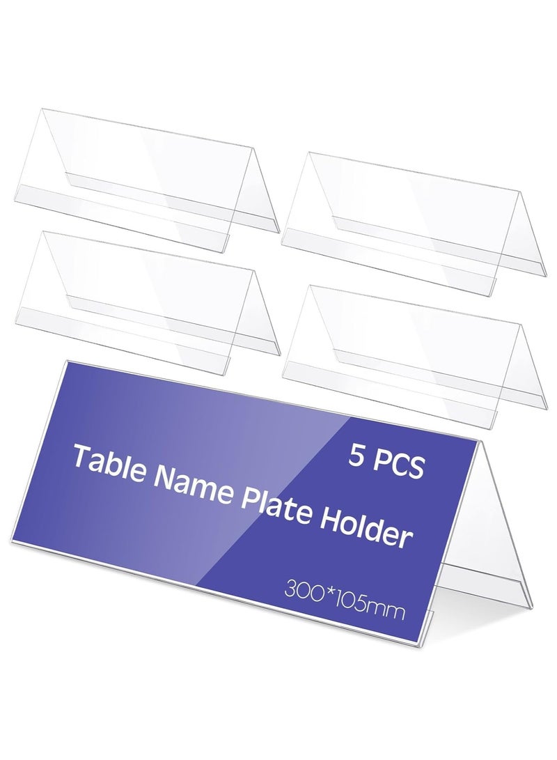 Slasa SLASA 5 Pack Acrylic Table Name Badge Holders – Roof Shape Transparent Desk Stands for Name Plates, Conference, Wedding, Office, Reusable Label Display (30 x 10.5 cm)  - Image 1