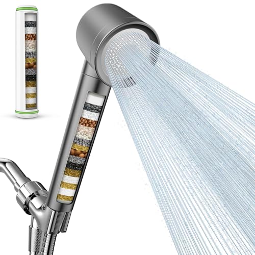 PWERAN Filtered Shower Head with Handheld, High Pressure Water Flow and Multiple Spray Modes Shower Head with Filter, Power Wash for Hard Water, Showerhead with ON/OFF Switch for Pets Bath (Stone Gray) - Image 1