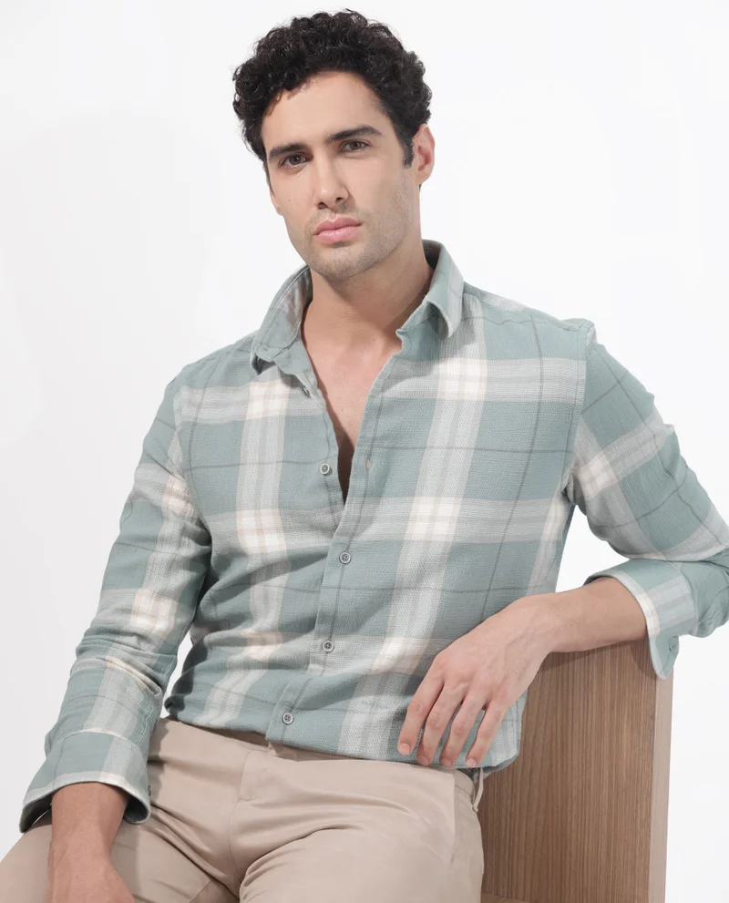 Rare Rabbit Rare Rabbit Mens Melfi Teal Cotton Fabric Full Sleeves Regular Fit Checks Shirt