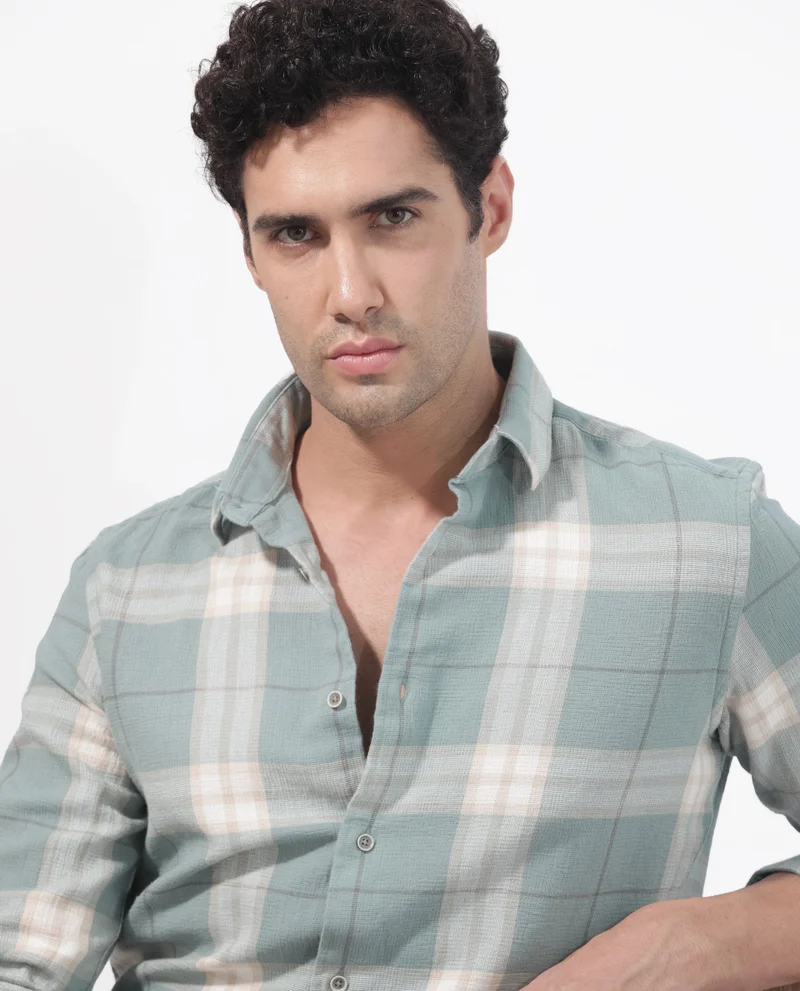 Rare Rabbit Rare Rabbit Mens Melfi Teal Cotton Fabric Full Sleeves Regular Fit Checks Shirt