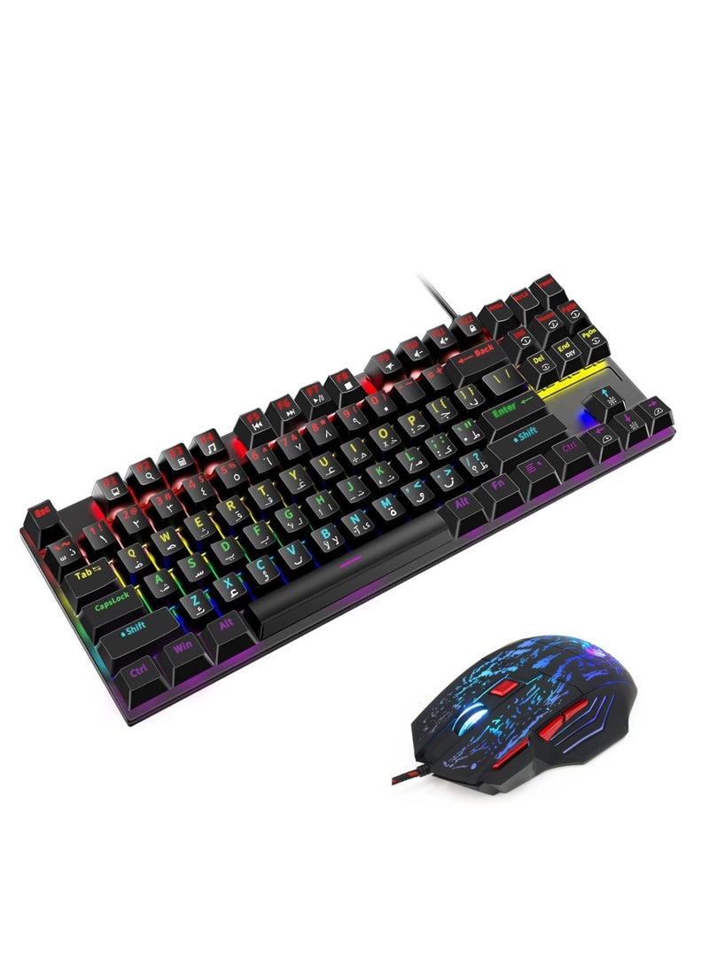 HXSJ English Arabic Gaming Keyboard and DPI Mouse Sets, 87 Keys Mechanical Keyboard with LED Backlit, Quick Response USB Wired Keyboard with 7 Colors Mouse for Windows/MacOS/Android PC Gamers - Image 1