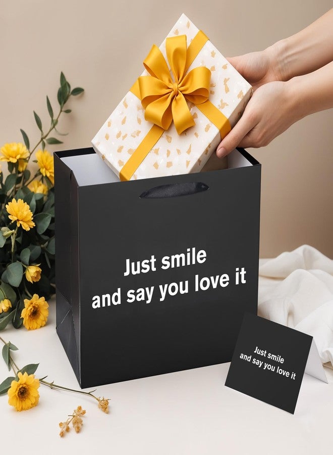 LUUFILx Funny Gift Bag Just Smile and Say You Love It Black Gag Gift Bags with Tissue Paper and Greeting Card Inappropriate Snarky Funny Birthday Gift Wrapping Paper for Office Coworker Best Friend Men Women - Image 2