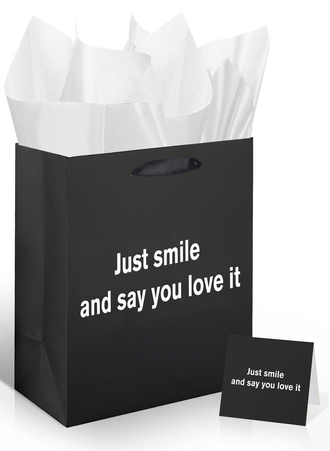 LUUFILx Funny Gift Bag Just Smile and Say You Love It Black Gag Gift Bags with Tissue Paper and Greeting Card Inappropriate Snarky Funny Birthday Gift Wrapping Paper for Office Coworker Best Friend Men Women - Image 1
