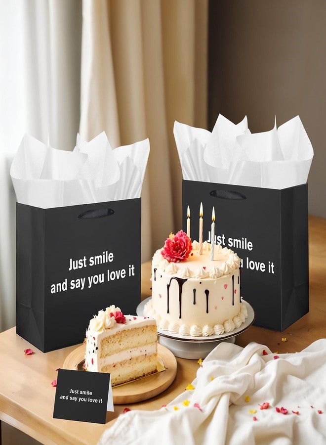 LUUFILx Funny Gift Bag Just Smile and Say You Love It Black Gag Gift Bags with Tissue Paper and Greeting Card Inappropriate Snarky Funny Birthday Gift Wrapping Paper for Office Coworker Best Friend Men Women - Image 5