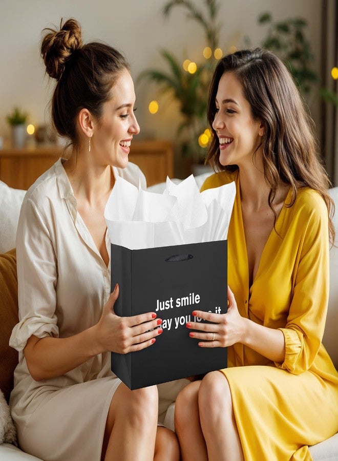 LUUFILx Funny Gift Bag Just Smile and Say You Love It Black Gag Gift Bags with Tissue Paper and Greeting Card Inappropriate Snarky Funny Birthday Gift Wrapping Paper for Office Coworker Best Friend Men Women - Image 4