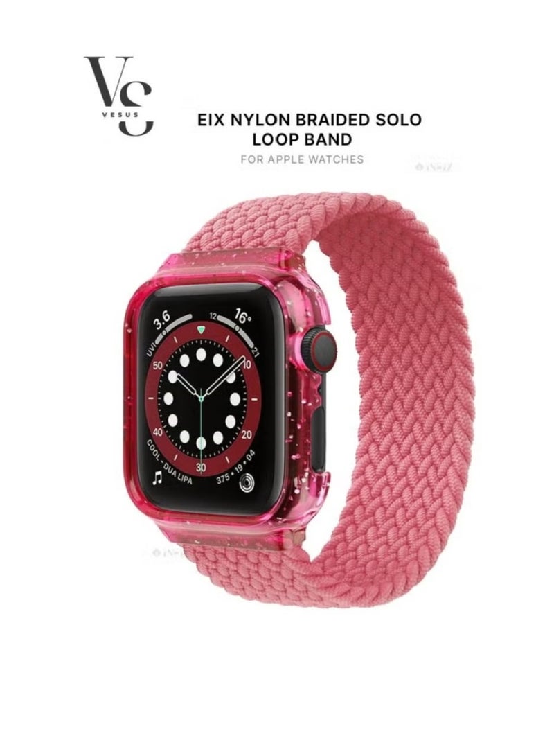 vesus Nylon Braided Solo Loop Replacement Strap With Glittering Case For Apple Watch 44 mm (160 mm Strap Length) - Pink