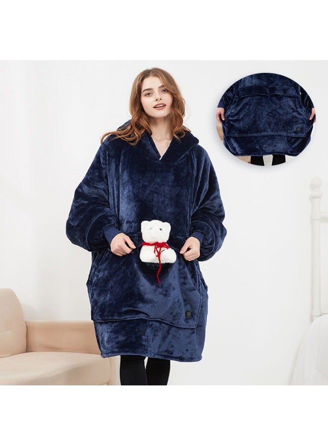 Blanket gift for women and men's teenagers, super warm and comfortable long blanket, navy blue thick flannel blanket with large pockets, three levels of temperature control - Image 3
