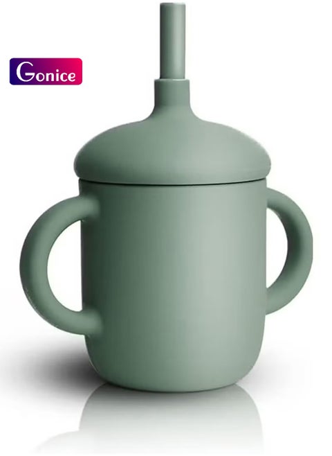 Baby and Toddler Trainer Cup, 150 mL Silicone Sippy with Handles Lid and Straw, Spill Proof and Non-Slip (green)