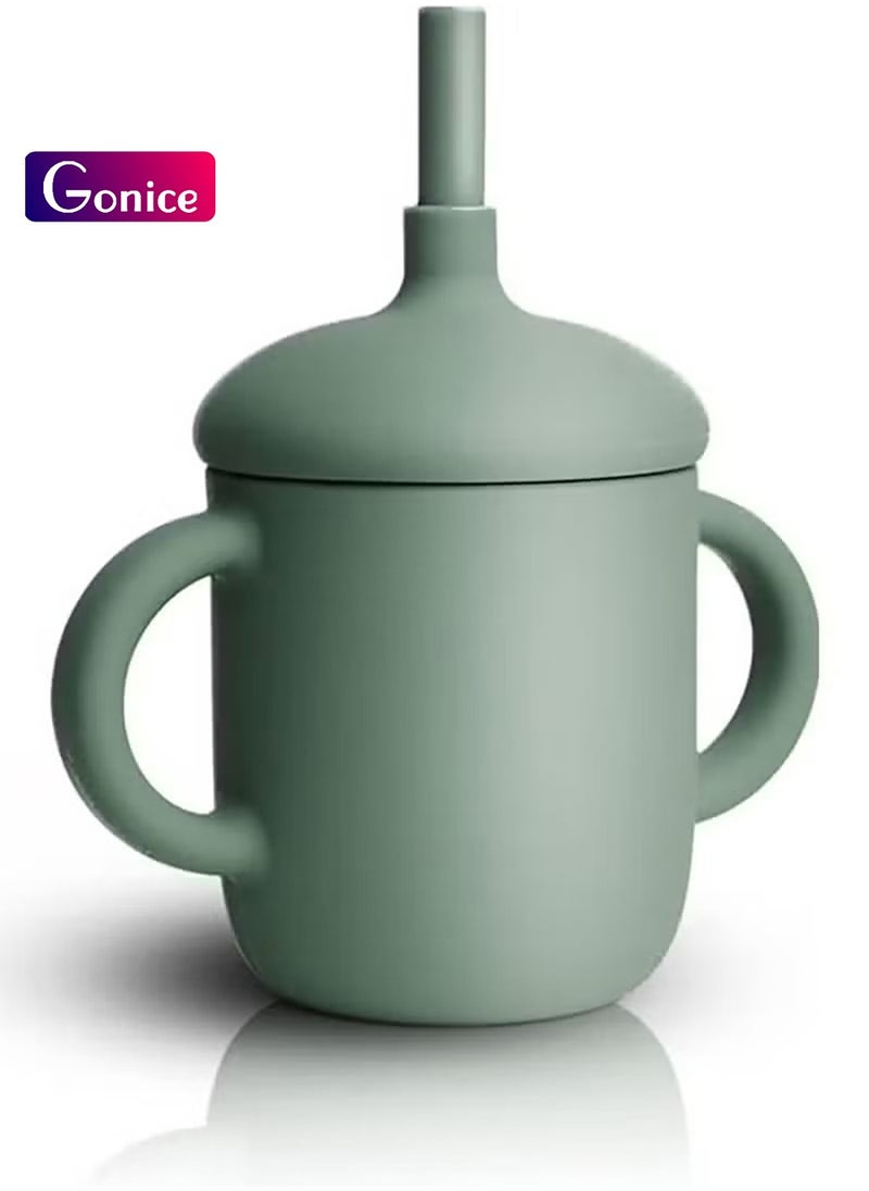 Gonice Baby and Toddler Trainer Cup, 150 mL Silicone Sippy with Handles Lid and Straw, Spill Proof and Non-Slip (green)  - Image 1