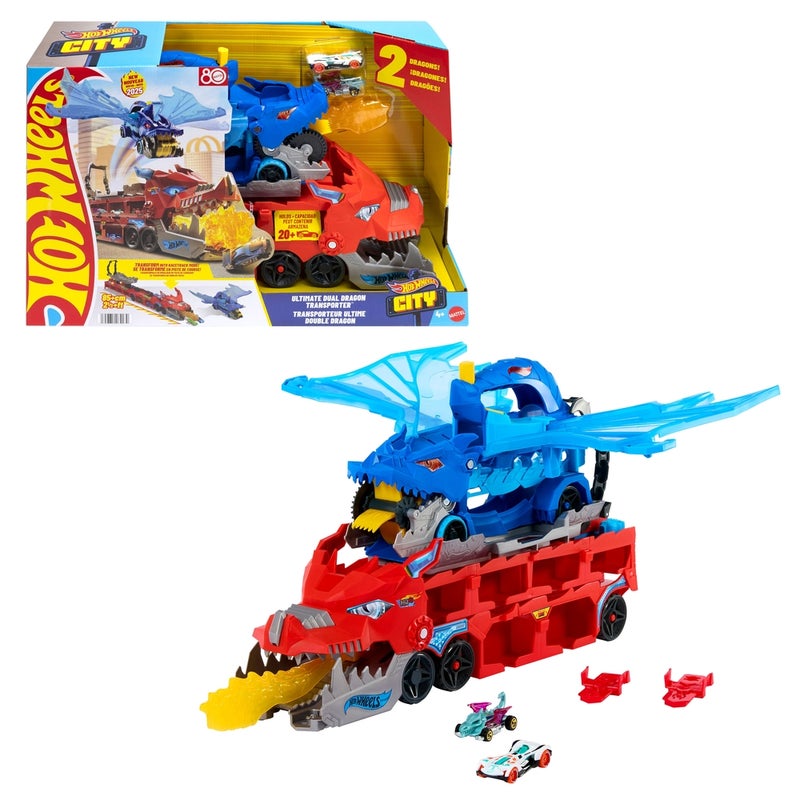Mattel Games Mattel - Hot Wheels City Ultimate Dual Dragon Transporter & 2 1/64 Cars - JBM72 - Image 1